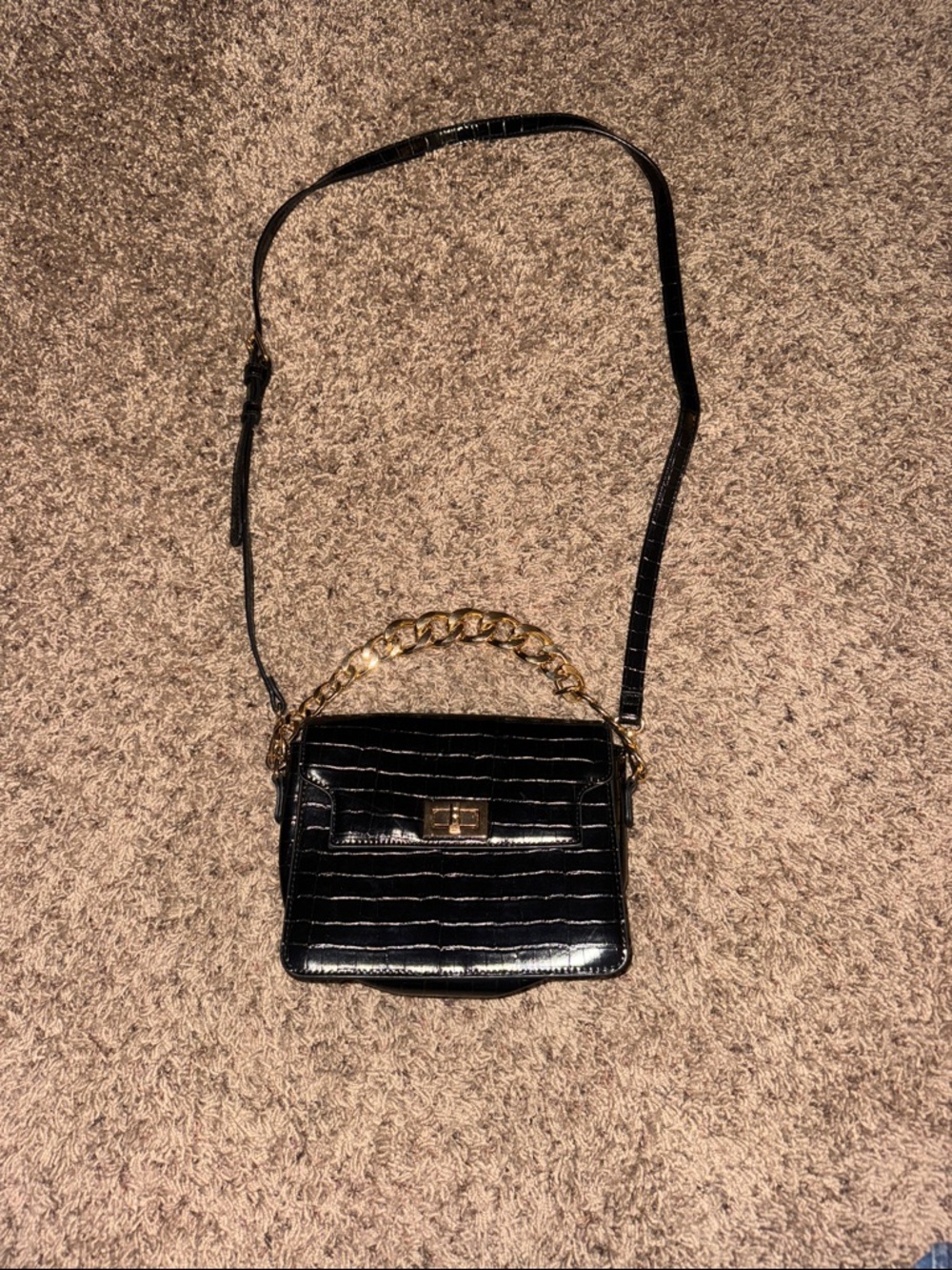Black Crossbody Bag with Gold Chain Accent